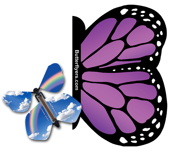 Purple Monarch Exploding Butterfly Card with Blues Sky Rainbow wind up flying butterfly from butterflyers.com