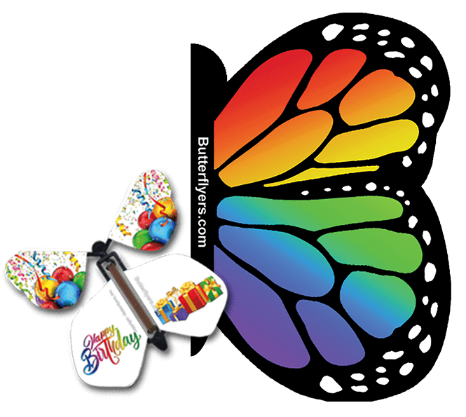 Rainbow Exploding Butterfly Card with Birthday Gifts wind up flying butterfly from butterflyers.com
