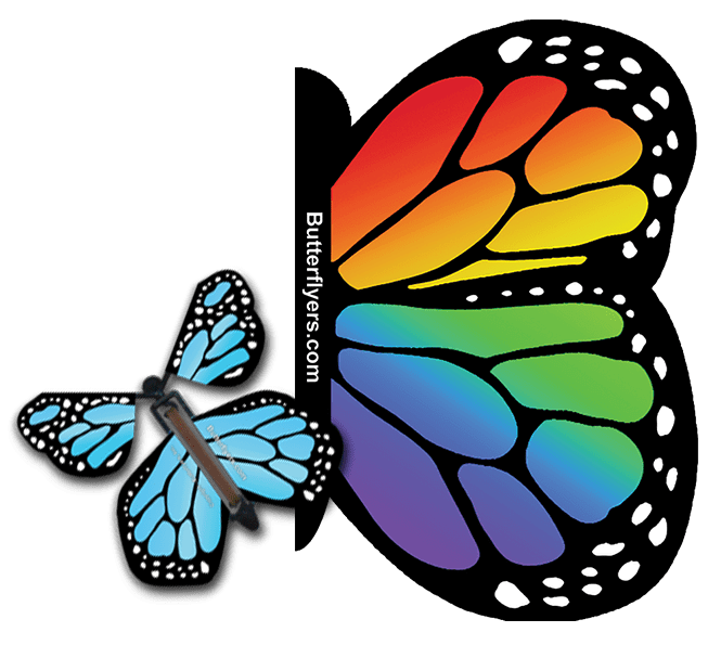 Rainbow Exploding Butterfly Card with Blue Monarch wind up flying butterfly from butterflyers.com