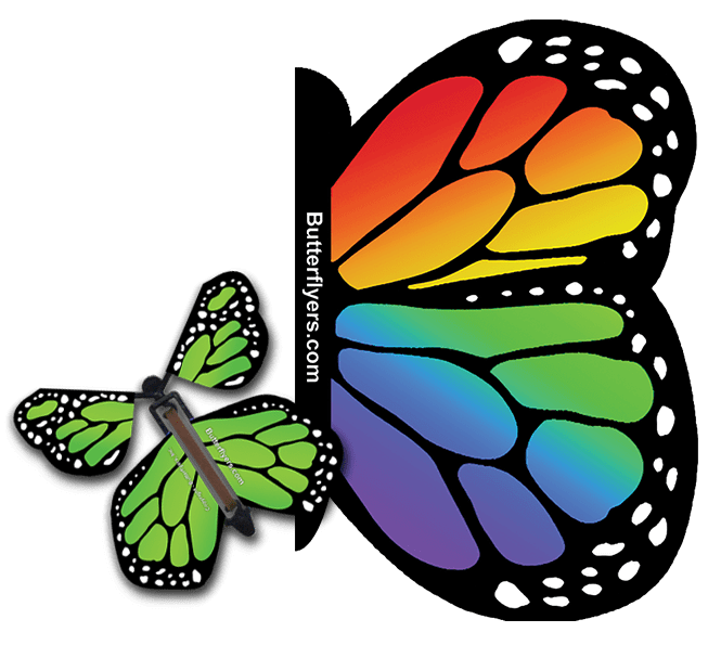 Rainbow Exploding Butterfly Card with Green Monarch wind up flying butterfly from butterflyers.com