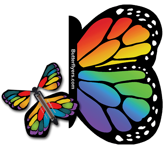 Rainbow Exploding Butterfly Card with Stained Glass Monarch wind up flying butterfly from butterflyers.com