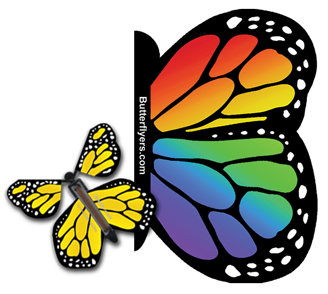 Rainbow Exploding Butterfly Card with Yellow Monarch wind up flying butterfly from butterflyers.com