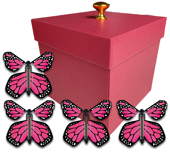 Red Exploding Gender Reveal Box With Pink Monarch Flying Butterflies From Butterflyers.com