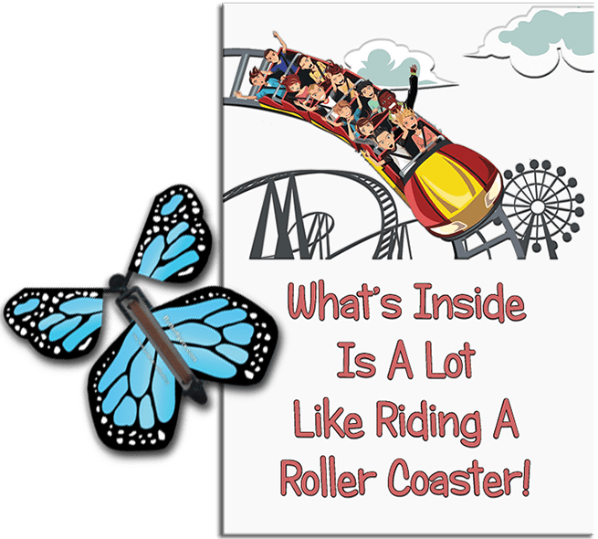 Roller Coaster greeting card with Blue wind up flying butterfly from Butterflyers.com