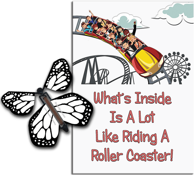 Roller Coaster greeting card with White wind up flying butterfly from Butterflyers.com