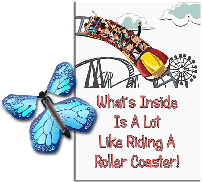 Roller Coaster greeting card with Cobalt Blue wind up flying butterfly from Butterflyers.com