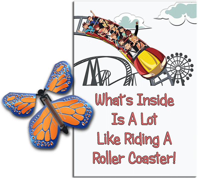 Roller Coaster greeting card with Cobalt Orange wind up flying butterfly from Butterflyers.com