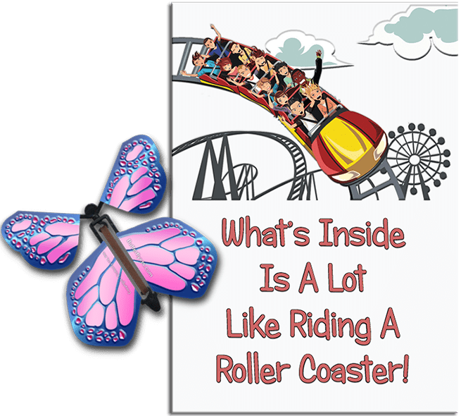 Roller Coaster greeting card with Cobalt Pink wind up flying butterfly from Butterflyers.com