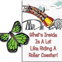 Roller Coaster greeting card with Green wind up flying butterfly from Butterflyers.com