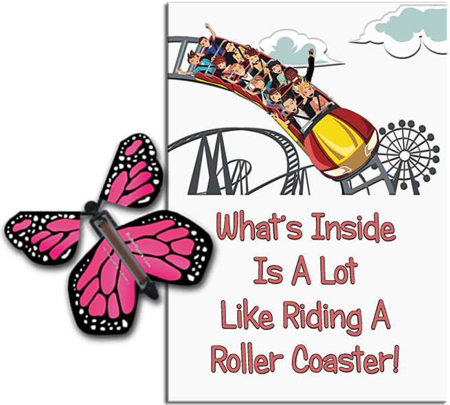 Roller Coaster greeting card with Pink wind up flying butterfly from Butterflyers.com