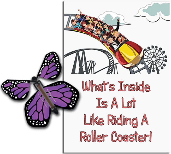 Roller Coaster greeting card with Purple wind up flying butterfly from Butterflyers.com