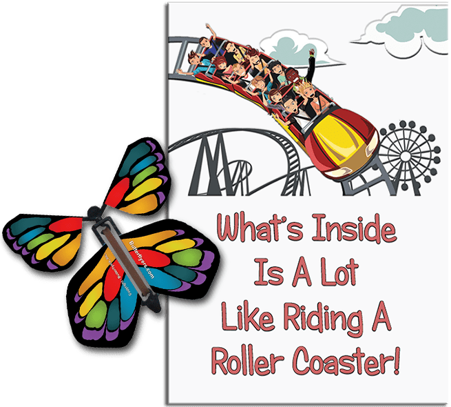 Roller Coaster greeting card with Stained Glass wind up flying butterfly from Butterflyers.com