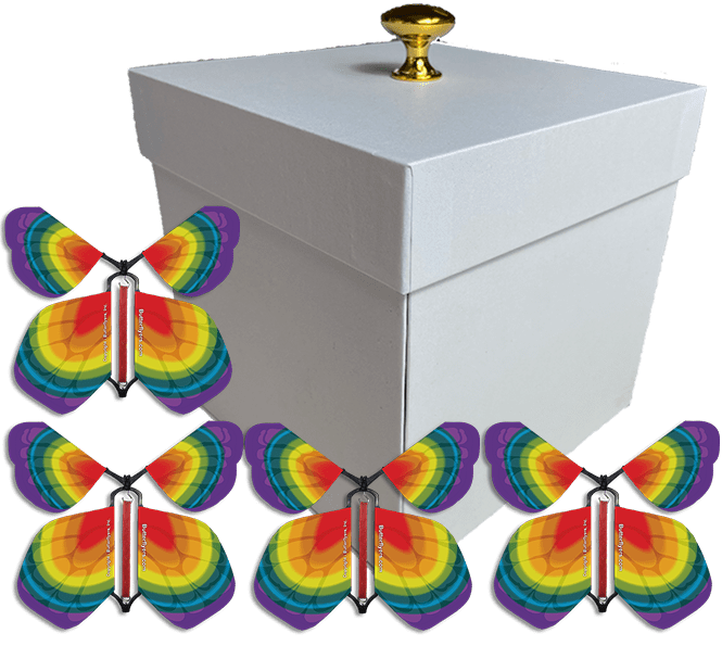 White Exploding Butterfly Gift Box With 4 Tye Dye Wind Up Flying Butterflies from butterflyers.com