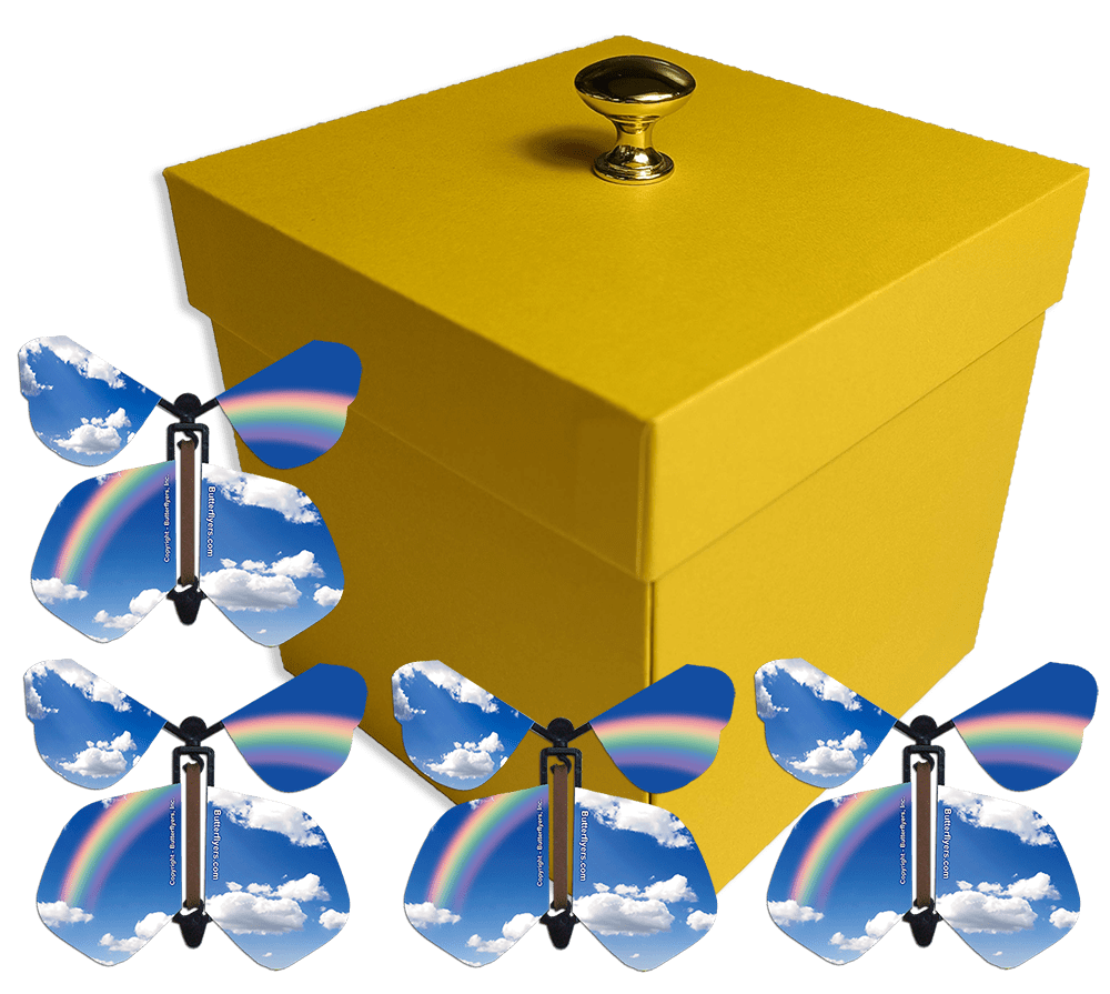 Yellow Easter Exploding Butterfly Gift Box With 4 Blue Sky Rainbow Wind Up Flying Butterflies from butterflyers.com