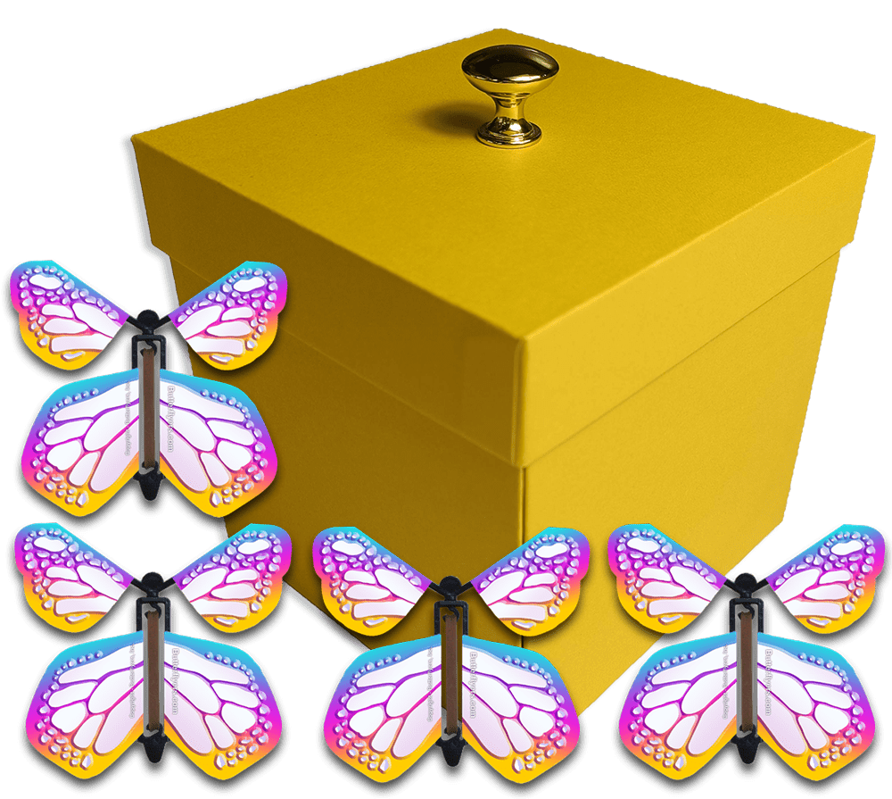 Yellow Easter Exploding Butterfly Gift Box With 4 Bismuth Color Wind Up Flying Butterflies from butterflyers.com