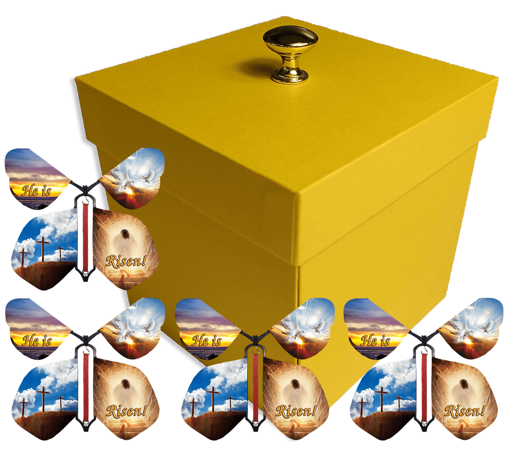Yellow Easter Exploding Butterfly Gift Box With 4 He is Risen Wind Up Flying Butterflies from butterflyers.com