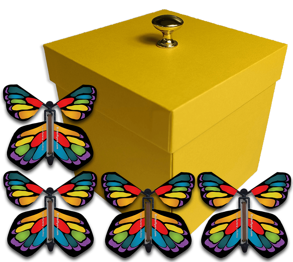 Yellow Easter Exploding Butterfly Gift Box With 4 Stained Glass Wind Up Flying Butterflies from butterflyers.com
