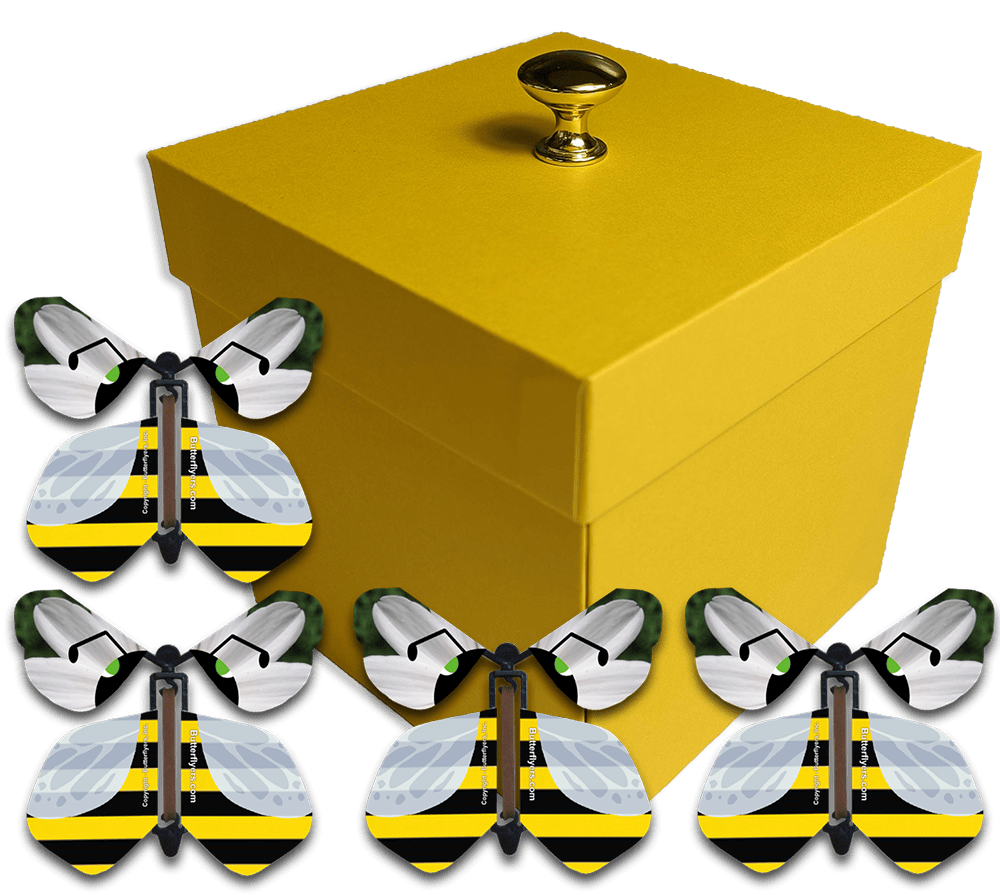 Yellow Easter Exploding Butterfly Gift Box With 4 Bumble Bee Wind Up Flying Butterflies from butterflyers.com