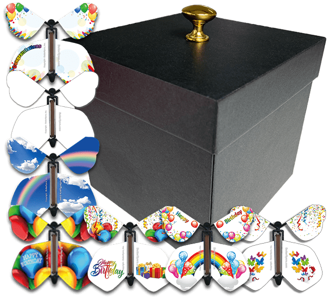 Black Exploding Butterfly Birthday Gift Box With Birthday Flying Butterflies from butterflyers.com