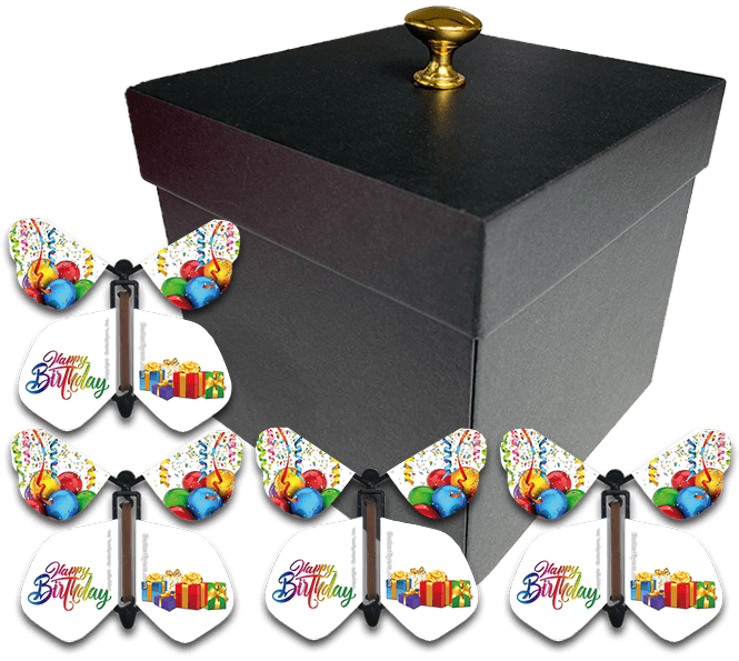 Black Exploding Butterfly Birthday Gift Box With 4 Birthday Gift Wind Up Flying Butterflies from butterflyers.com