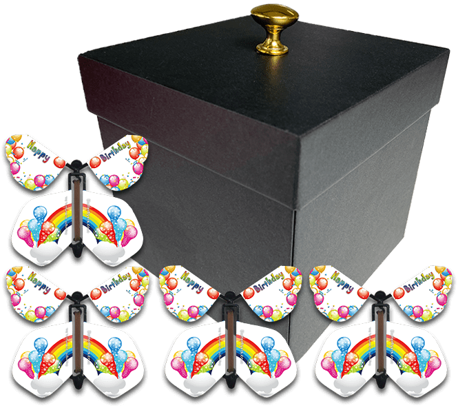 Black Exploding Butterfly Birthday Box With 4 Birthday Rainbows Wind Up Flying Butterflies from butterflyers.com