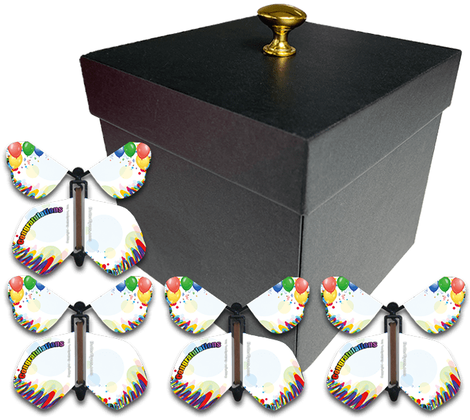 Black Exploding Butterfly Birthday Box With 4 Congratulations Wind Up Flying Butterflies from butterflyers.com