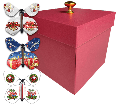 Red Exploding Butterfly Christmas Gift Box With Christmas Flying Butterflies from butterflyers.com