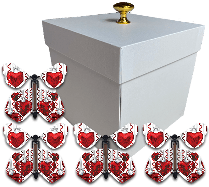 White Valentines Day Exploding Butterfly Box With Big Hearts Wind Up Flying Butterflies from butterflyers.com