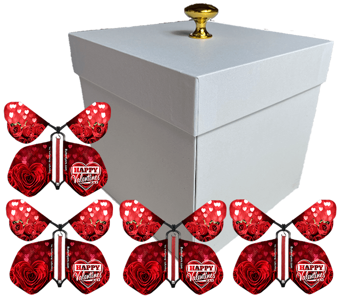 White Valentines Day Exploding Butterfly Box With Happy Valentine's Day Wind Up Flying Butterflies from butterflyers.com