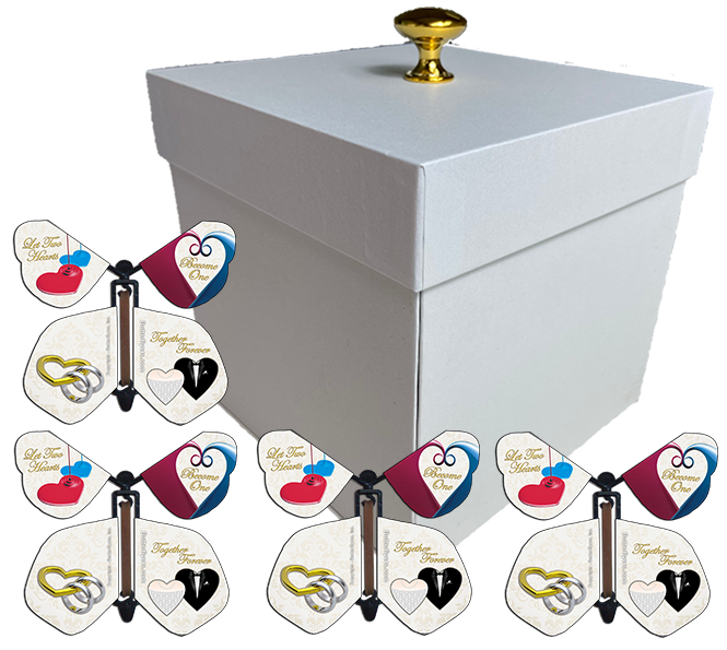 Wedding Surprise Flying Butterfly Box - White Gift Box With 4 Wedding Flying Butterflies