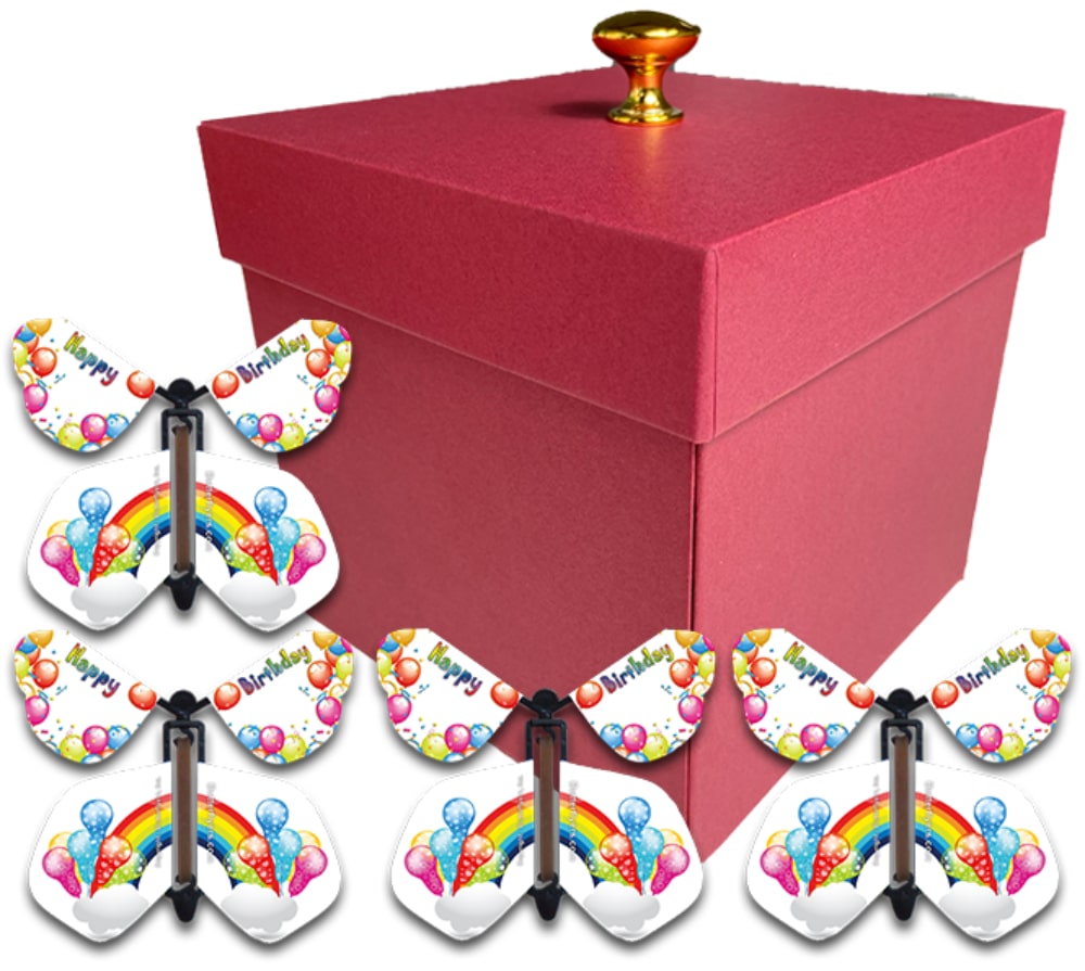 Birthday Surprise Flying Butterfly Gift Box - Red Box With 4 Wind Up Flying Butterflies