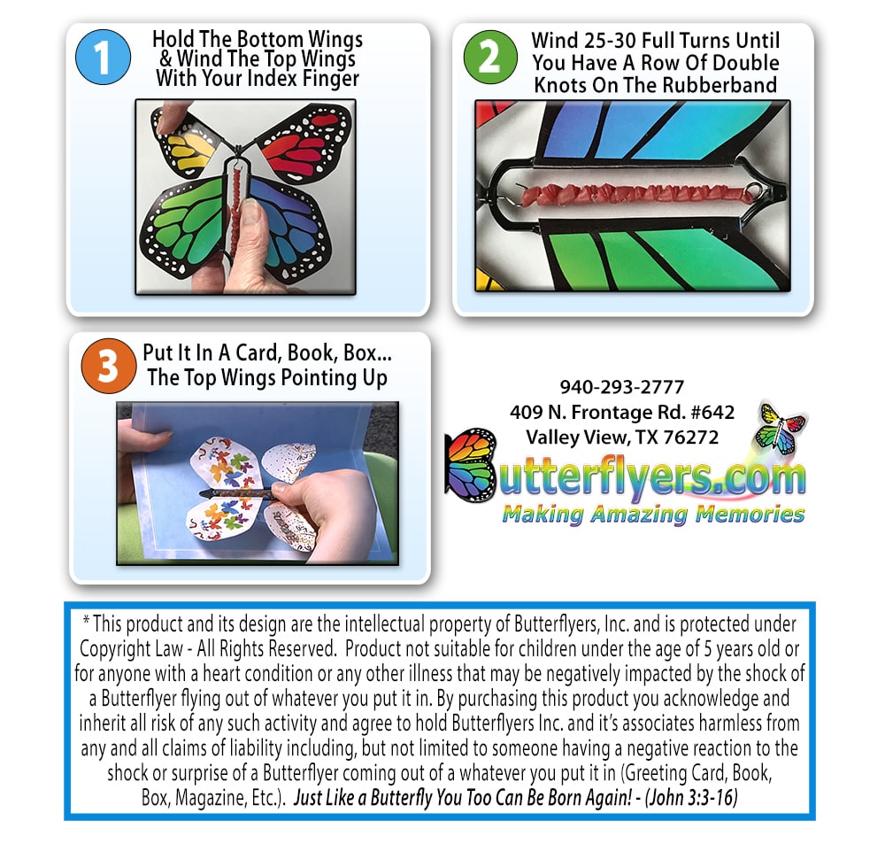 Instruction insert card for wind up flying butterfly from butterflyers.com