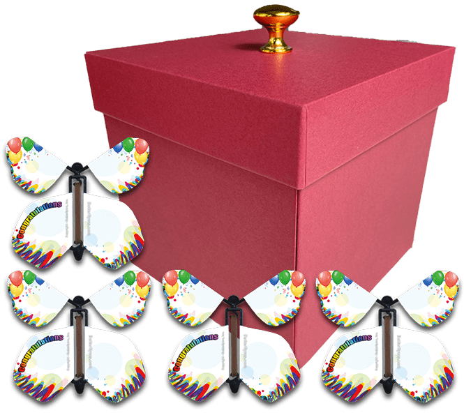 Birthday Surprise Flying Butterfly Gift Box - Red Box With 4 Wind Up Flying Butterflies