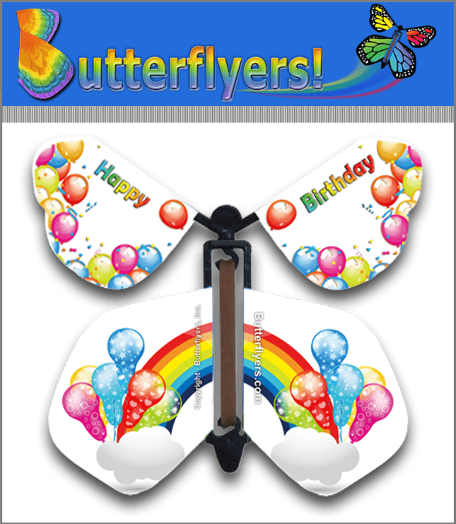 Rainbow Birthday Wind Up Flying Butterfly For Greeting Cards by Butterflyers.com