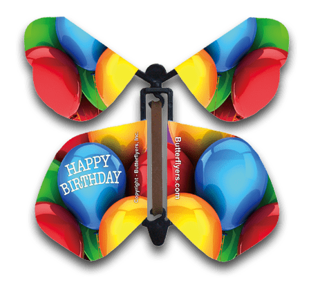 Happy Birthday Balloons Wind Up Flying Butterfly For Greeting Cards by butterflyers.com