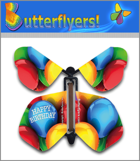 Happy Birthday Balloons Wind Up Flying Butterfly For Greeting Cards by butterflyers.com