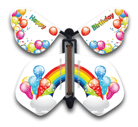Rainbow Birthday Wind Up Flying Butterfly For Greeting Cards by Butterflyers.com