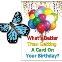 Birthday Greeting Card with Blue Monarch wind up flying butterfly from butterflyers.com