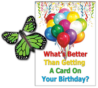 
              Birthday Greeting Card with Green Monarch wind up flying butterfly from butterflyers.com
            