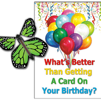 Birthday Greeting Card with Green Monarch wind up flying butterfly from butterflyers.com