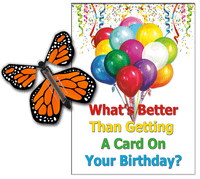 
              Birthday Greeting Card with Orange Monarch wind up flying butterfly from butterflyers.com
            