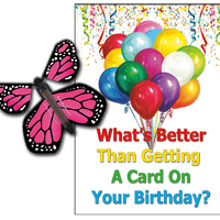 Birthday Greeting Card with Pink Monarch wind up flying butterfly from butterflyers.com