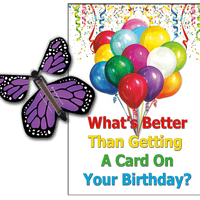 Birthday Greeting Card with Purple Monarch wind up flying butterfly from butterflyers.com