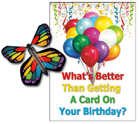 
              Birthday Greeting Card with Stained Glass Monarch wind up flying butterfly from butterflyers.com
            