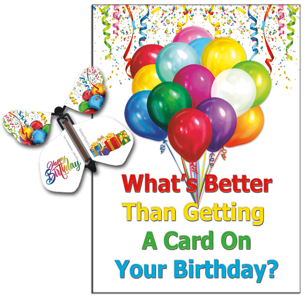 Birthday Greeting Card with Happy Birthday wind up flying butterfly from butterflyers.com
