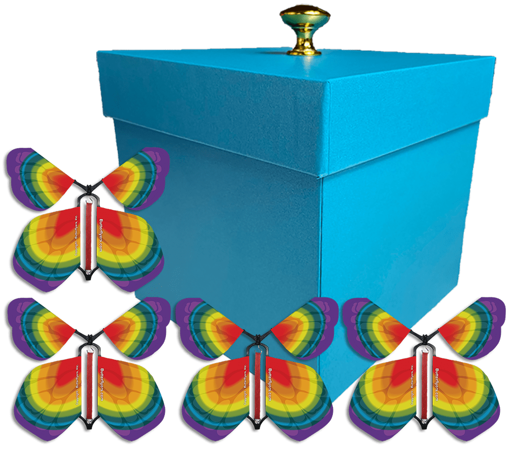 Blue Easter Exploding Butterfly Gift Box With 4 Tye Dye Monarch Wind Up Flying Butterflies from butterflyers.com