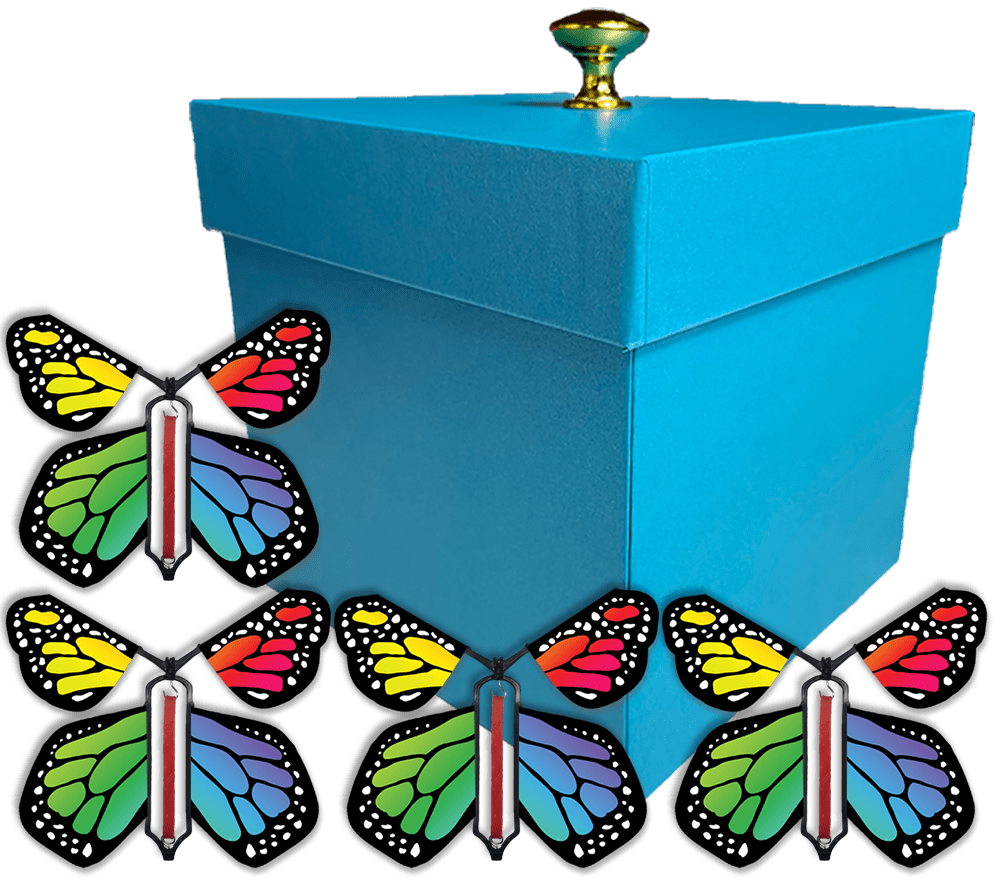 Blue Easter Exploding Butterfly Gift Box With 4 Rainbow Monarch Wind Up Flying Butterflies from butterflyers.com