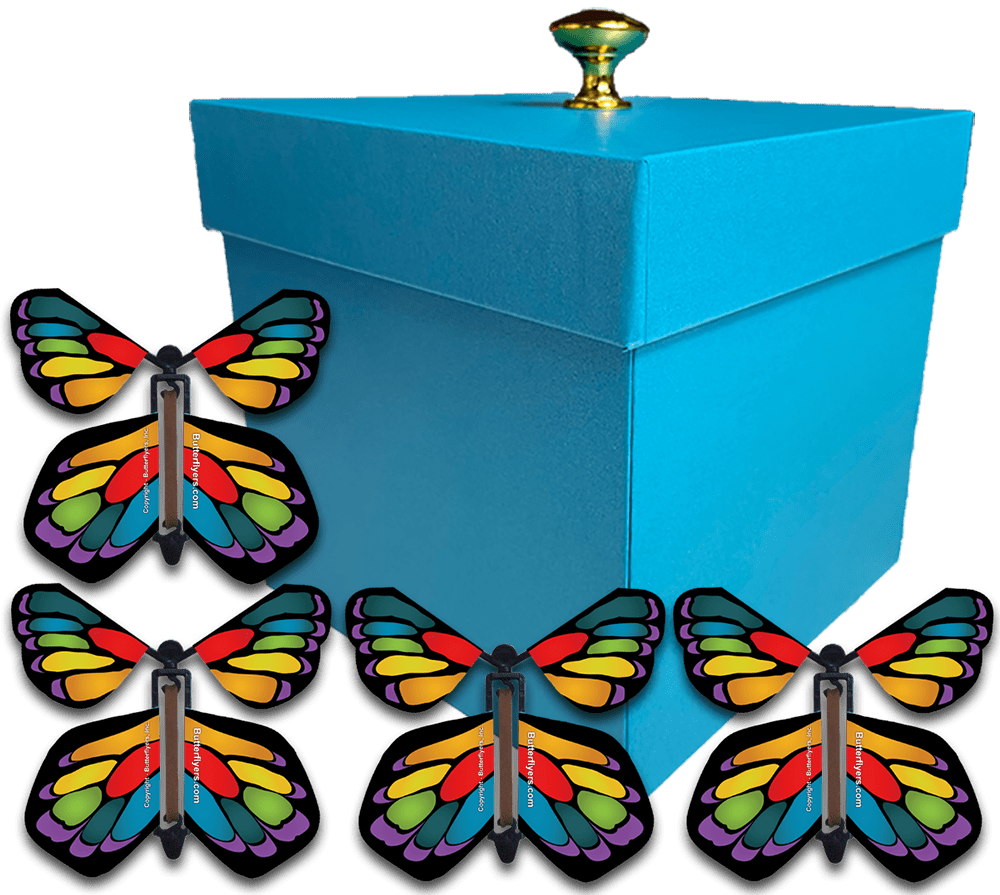 Blue Easter Exploding Butterfly Gift Box With 4 Stained Glass Wind Up Flying Butterflies from butterflyers.com