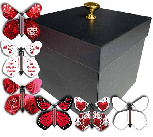 Black Valentine's Day Exploding Butterfly Box With Wind Up Flying Butterflies from butterflyers.com