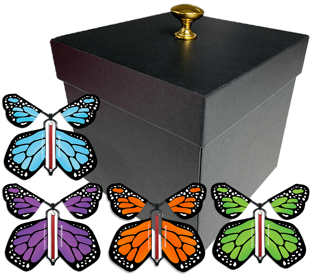 Monarch Surprise Flying Butterfly Box - Black Gift Box & 4 Wind Up Flying Butterflies